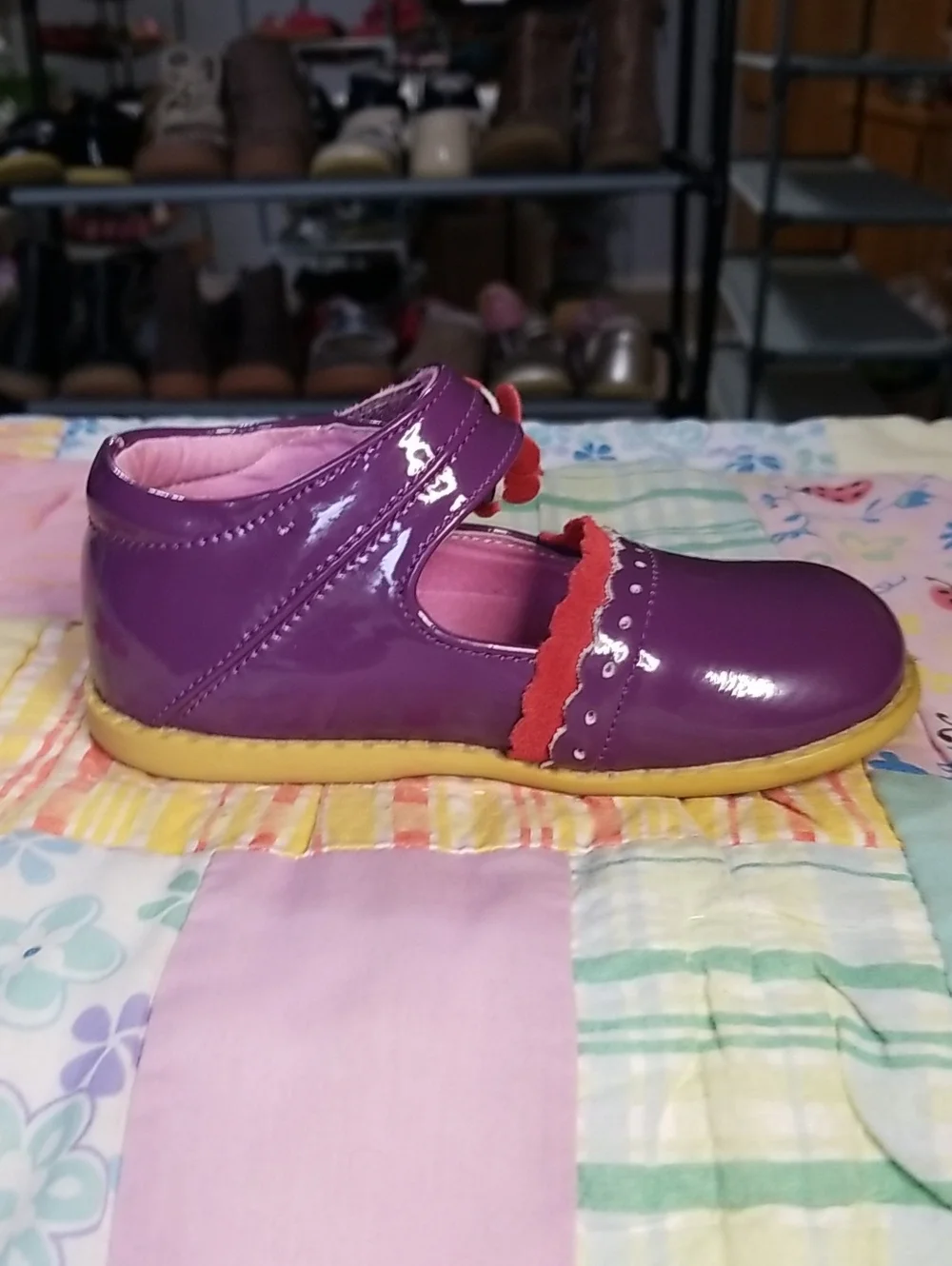 Livie & Luca Purple Patent Leather Mary Janes w/Red Suede Trim & Flowers Size 8